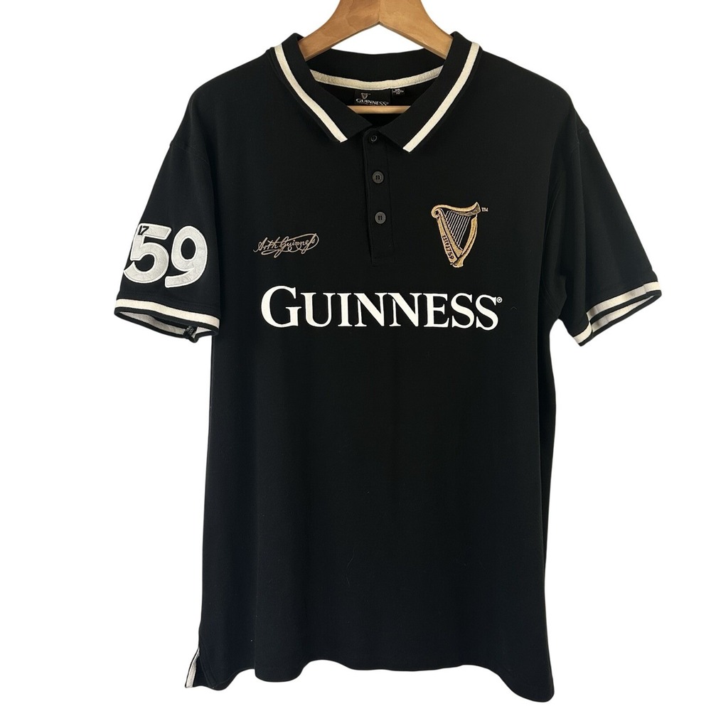 Guinness 59 Polo Shirt Short Sleeved Relaxed Fit 100% Cotton Black White Mens XL